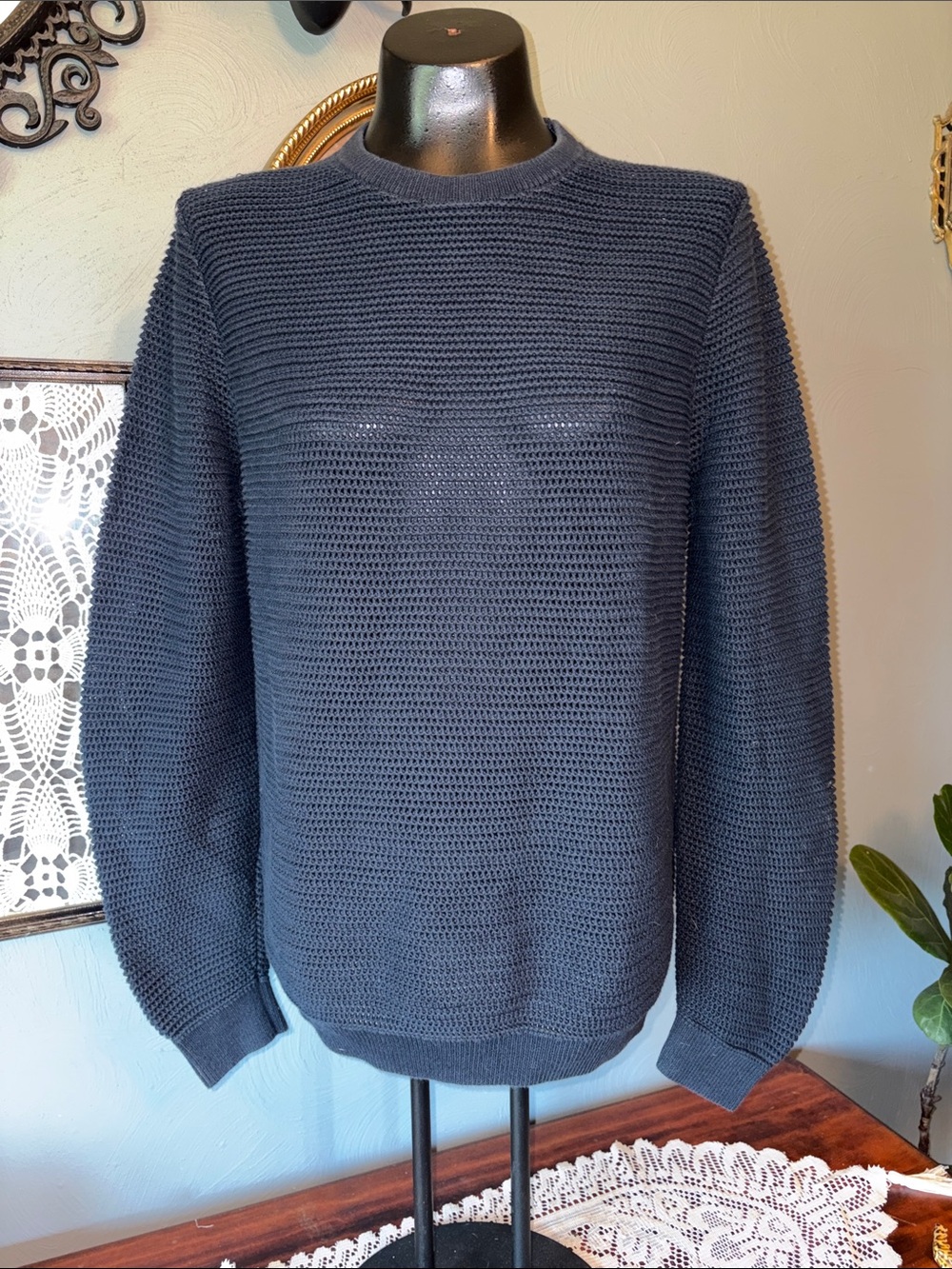 Massimo Dutti Men's Navy Crewneck Knit Sweater